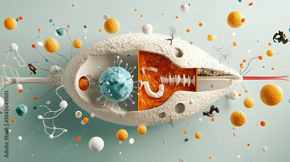 Poster detailed 3d cross section of a cell showcasing key organelles and structures such as mitochondria nu