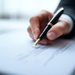Close-up of a hand signing a funding agreement with a fountain pen, business success