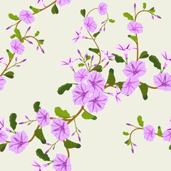 A gentle purple morning glory seamless pattern vector illustration, perfect for spring and summer decor wallpaper, textiles, bedding, background, and designg packaging.
