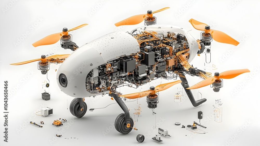 Poster Detailed 3D cross section of an AI powered drone showcasing its sophisticated components such as deep learning chips navigation units and that enable autonomous flight and intelligent