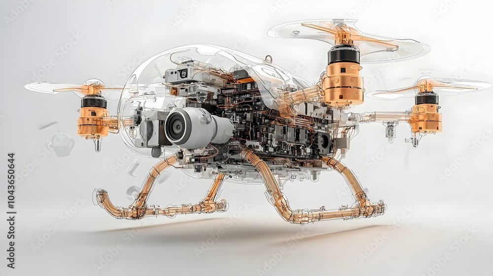 Poster Detailed 3D cross section rendering of an advanced AI powered drone showcasing its intricate inner workings including deep learning chips navigation other cutting edge technological components