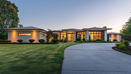 A contemporary suburban house with clean lines large windows and a spacious driveway Surrounded by a well-kept lawn and garden