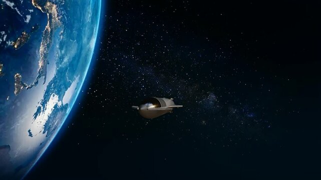 Starship Super Heavy in space flying around Earth. 3D artist rendering. 