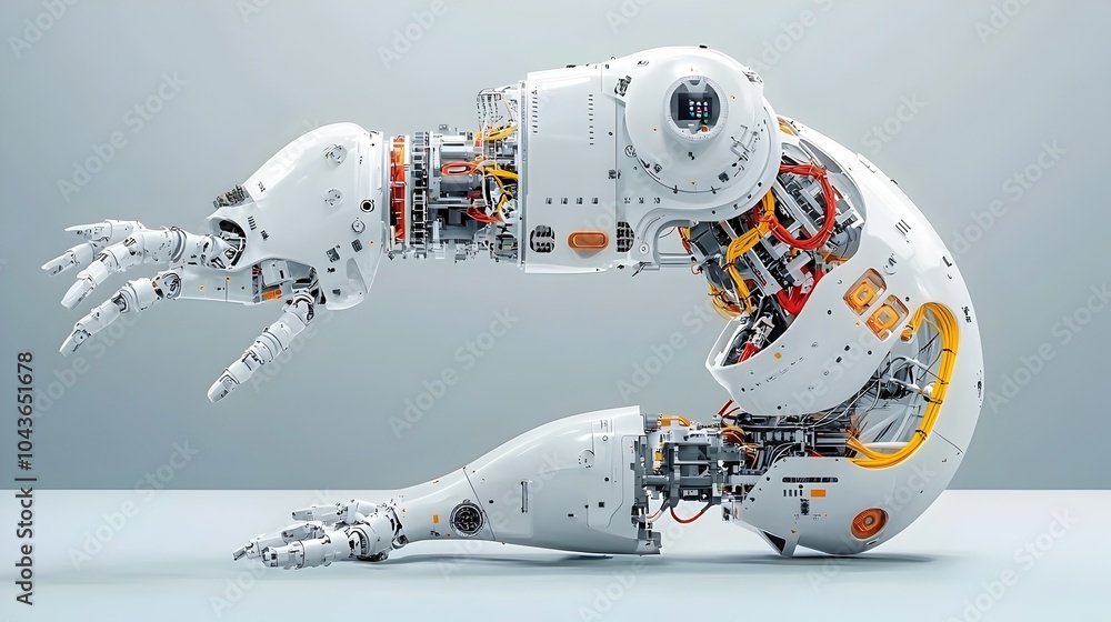 Poster detailed 3d cut through view of a sophisticated industrial robot showcasing its complex programming 