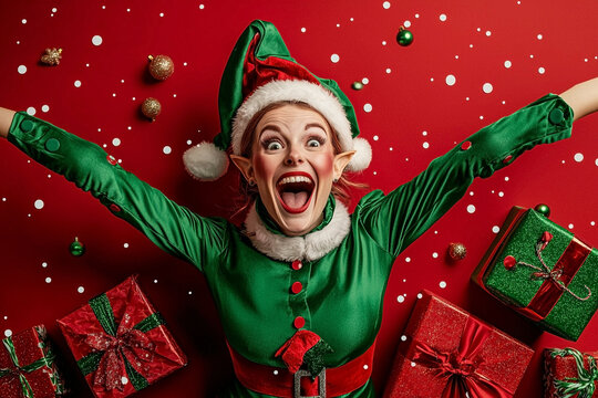 Crazy excited woman in a green elf costume, with festive, matching makeup. Red background, lively atmosphere of a festive event