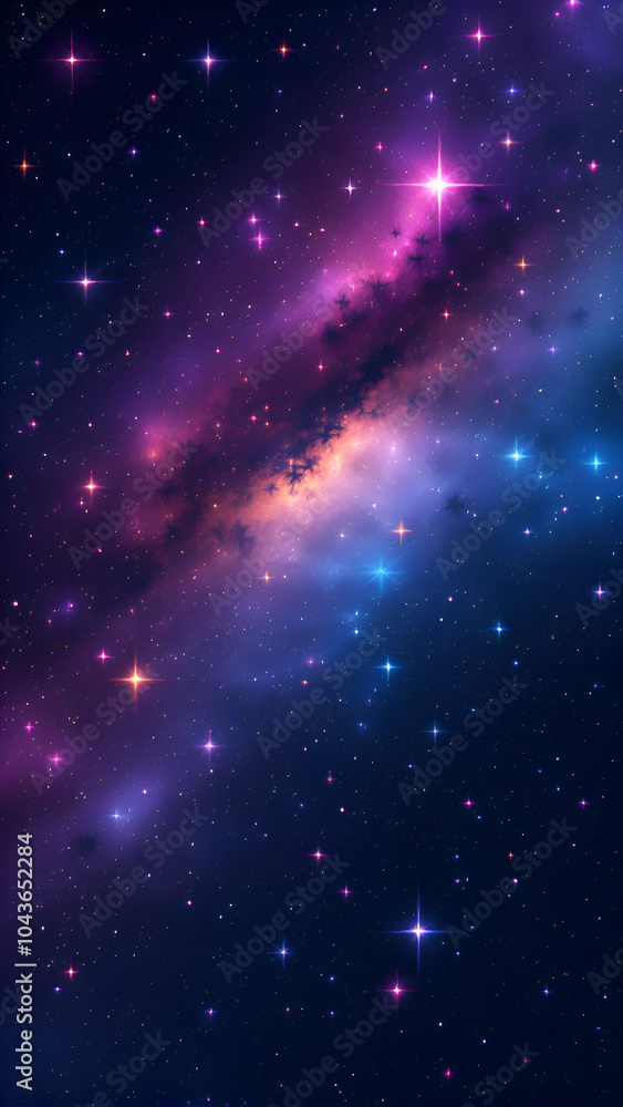 Poster a deep space image showing a vast expanse of dark blue with scattered stars of various sizes and a d