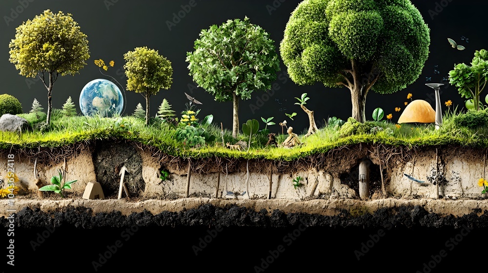 Poster detailed cross section highlighting the diverse and interconnected layers of a thriving rainforest e