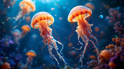 Obraz premium Two orange jellyfish with long trailing tentacles drift in a deep blue ocean. There are many other jellyfish and coral out of focus in the background.