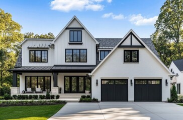 A classic farmhouse-style home exterior features white vertical trim, a gable roof, and black accents