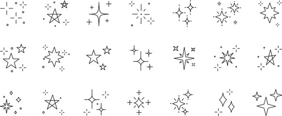 Stars and sparkles doodle set. Twinkle, firework, glitter silhouette. Hand drawn vector illustration isolated on white background