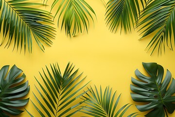 A group of palm leaves on a yellow background