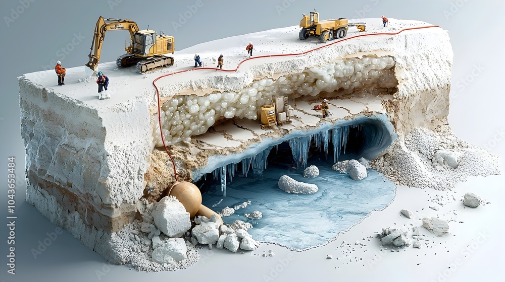Poster detailed cross section of a glacier showcasing the intricate layering of ice air bubbles and meltwat