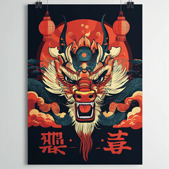  Chinese new year, year of the dragon banner template design with dragons, clouds and flowers background. Chinese translation: Dragon