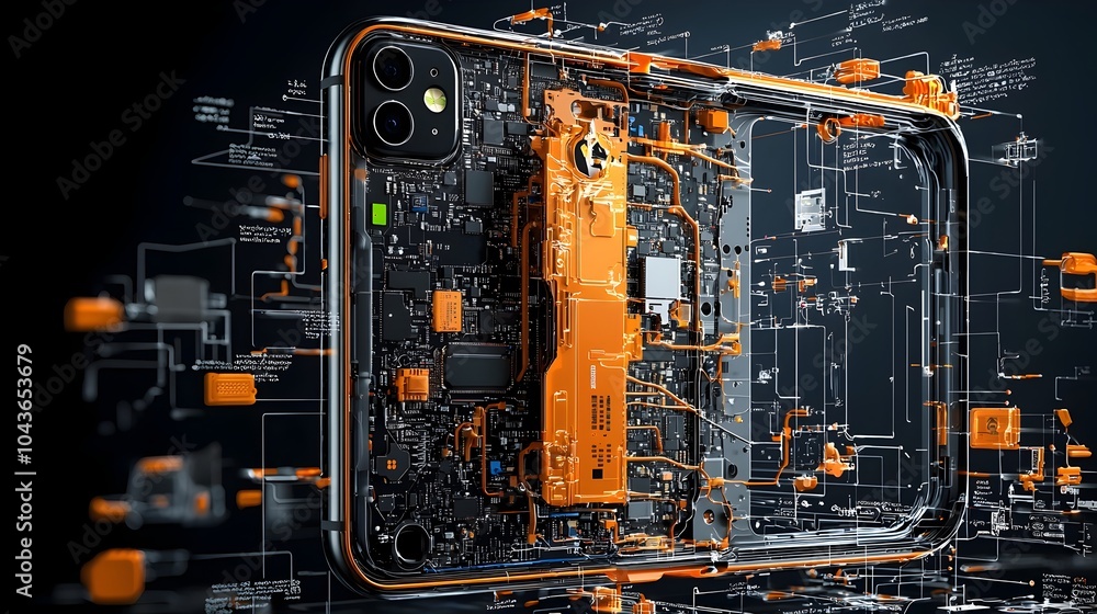 Poster detailed cross section of a smartphone showcasing its complex internal structure with intricate chip