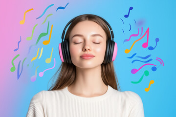A woman relaxes and immerses herself in music, wearing vivid headphones against a bright backdrop