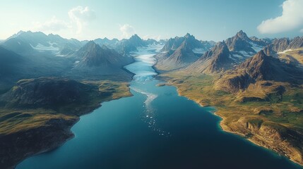 Aerial view of a vast glacier nestled among jagged mountain peaks, showcasing the stark beauty and icy textures of the landscape