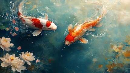 Koi Fish Swimming Among Lotus Flowers in Minimalist Style