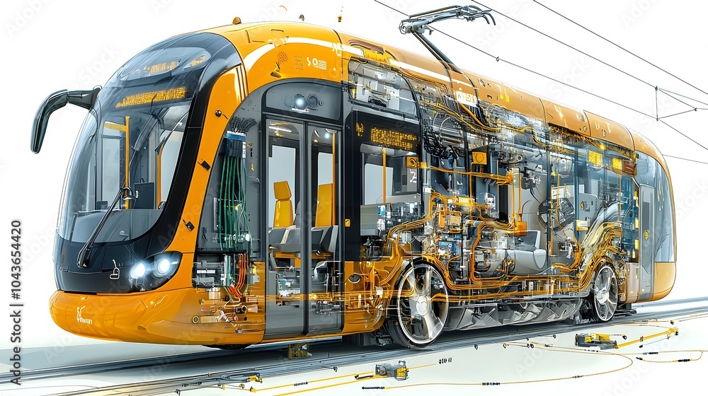 Poster detailed cross section of an electrically powered tram revealing internal components and layout show