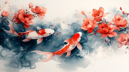 Minimalist Chinese Painting of Koi and Flowers
