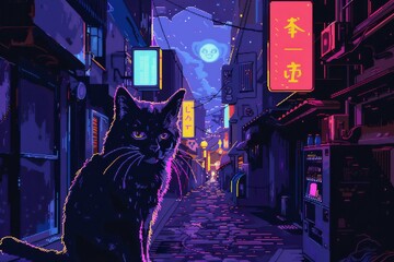A captivating pixelated vector image of a heterochromatic cat against a nocturnal backdrop, with luminous street signs adding a touch of magic to the scene