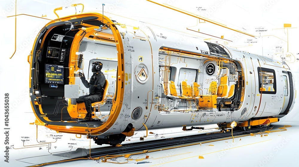 Poster detailed cross section of the interior layout and systems of a subway train car highlighting the sea