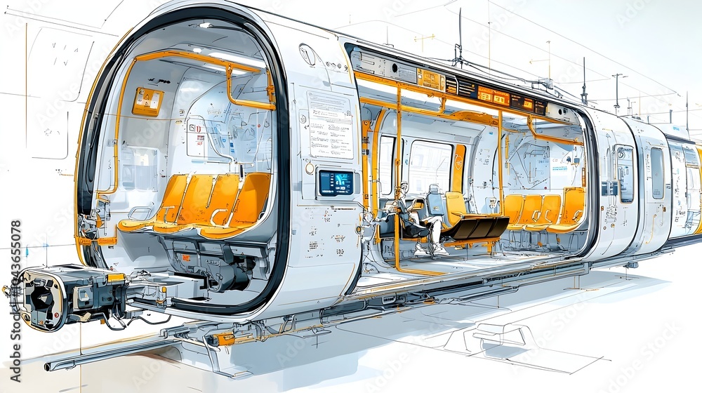 Poster detailed cross section of the interior of a subway car highlighting the various components such as s