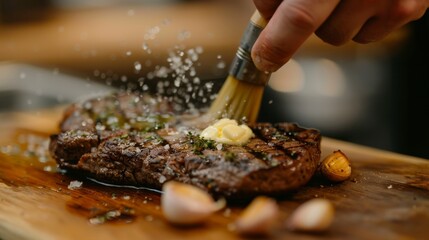 A chef's gloved hands carefully turning marinated skirt steaks on a hot grill, creating grill mark