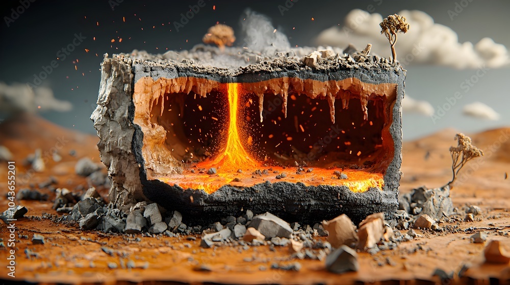 Poster Detailed Cross Section of Volcano s Internal Structure Showing Magma Chamber Vents and Layers of Lava Flows over Time