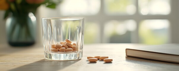 Half-Empty Glass and Medicine Tablets on Vintage Wooden Desk - Nostalgic Warm Tones Evoking Memories of Healing and Reflection