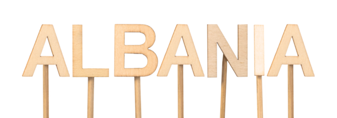 Albania name display in wooden letters on sticks on a white-transparent background