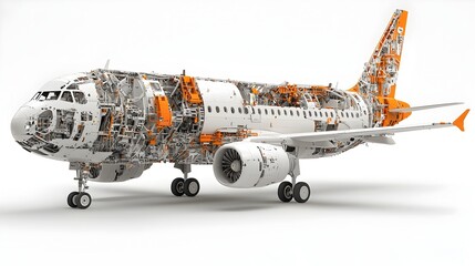 Detailed cross section showcasing the internal structure and key components of a commercial passenger airplane including the seating arrangement cargo hold cockpit and fuel tanks