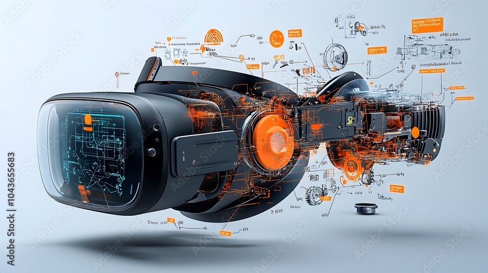 Poster Detailed cross section showcasing the intricate layered design of a virtual reality headset highlighting the advanced display sensors