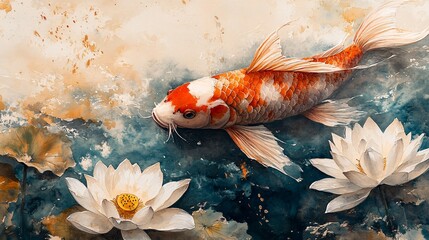 Serene Koi Fish Swimming Among Lotus Flowers