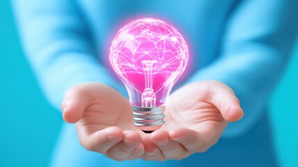 Hands holding a glowing pink light bulb on blue background.