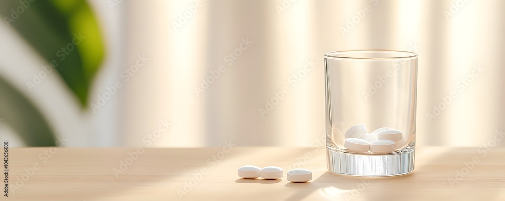 Poster study table scene with glass of water and pills - sunlit reflections creating a calm and introspecti