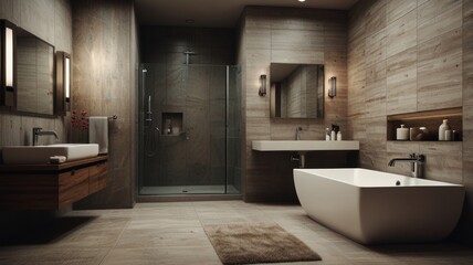 Modern bathroom with a large bathtub, a shower, a double sink, and a wooden vanity.
