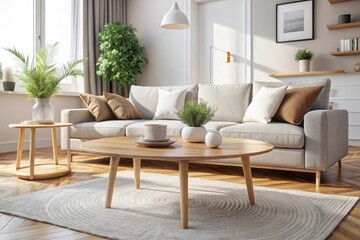 Round wood coffee table against white sofa. Scandinavian home interior design of modern living room