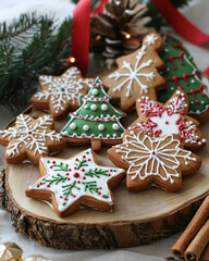 Christmas gingerbread cookies placed on a rustic wooden board. Close-up. Ideal for commercial use, promotions