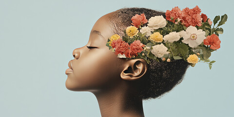 Surreal portrait of a woman's face adorned with blooming flowers, artistic and nature-inspired,...