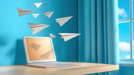 Laptop with paper airplanes flying out, creative workspace, vibrant blue background