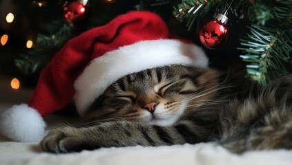 Cat Wearing Christmas Hat Sleeping Under the Tree in a Festive Atmosphere for Cute Pet Wallpaper