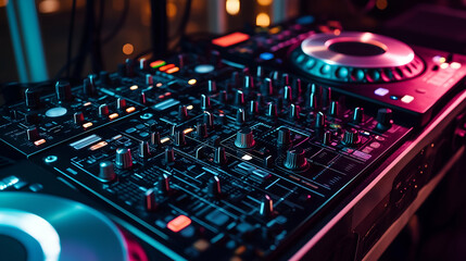 Fototapeta premium High-tech DJ controller with precision knobs, faders, and pads, ideal for seamless track mixing and production