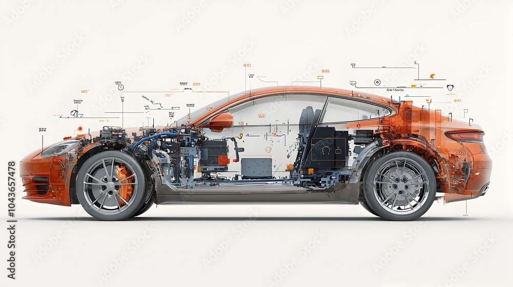Fototapete detailed cross section view of a self driving electric car showcasing its advanced sensors such as l