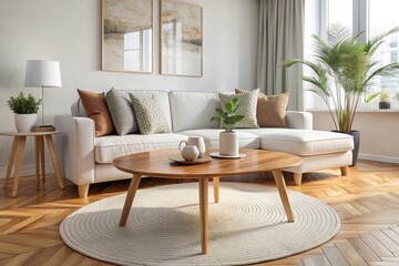 Round wood coffee table against white sofa. Scandinavian home interior design of modern living room