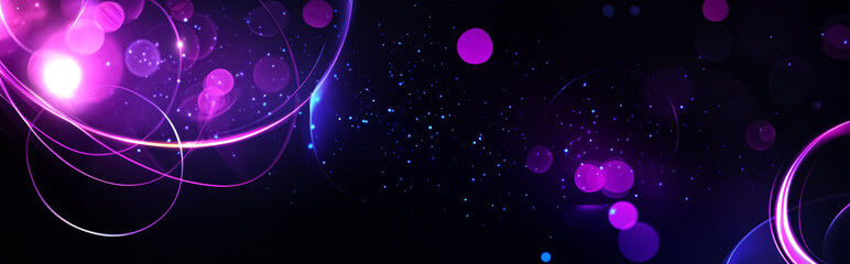 Abstract purple circles and glowing lights on a black background. 