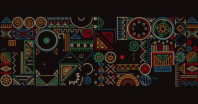 Ethnic seamless pattern background. Moving banner with repeating ornament with abstract geometric shapes in traditional African style. Tribal design. Outline flat animated graphics