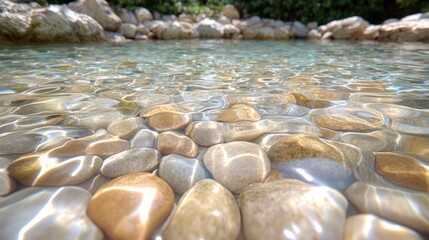 Fototapeta premium Close-up of clear water over smooth, round rocks.