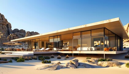 A luxury desert retreat with a flat roof large glass walls and a shaded patio Set against a backdrop of dramatic sand dunes and rocky outcrops