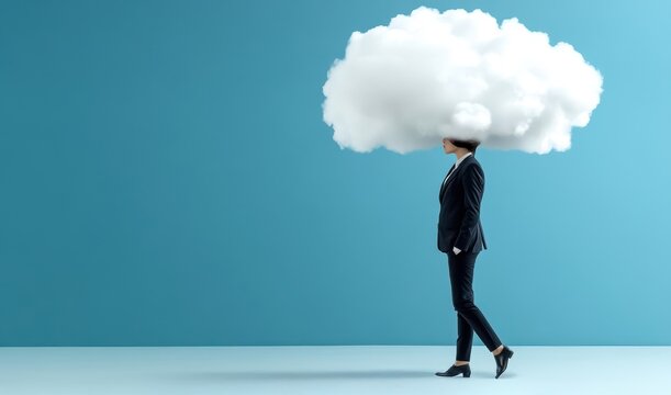 Person in suit with cloud above head, blue background, conceptual imagery.