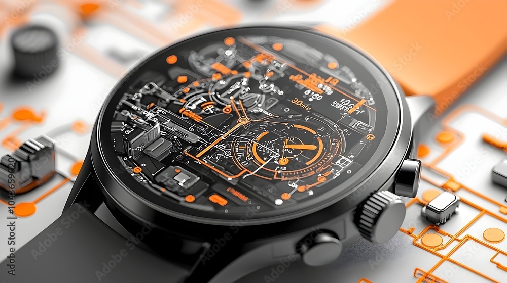 Poster detailed cut through view of a smartwatch showcasing the intricate inner workings and components lik